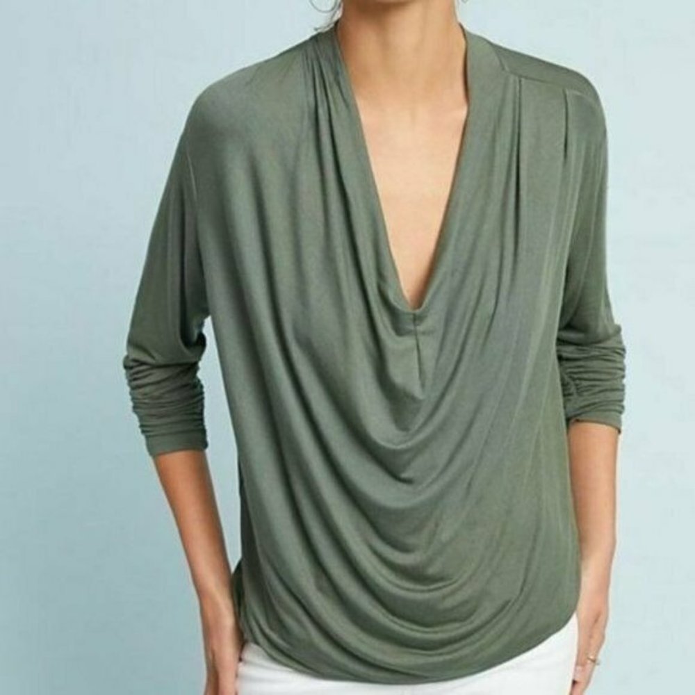 Anthropologie Maeve Melissa Draped Jersey Top Ruched Sleeve Olive Green Size M